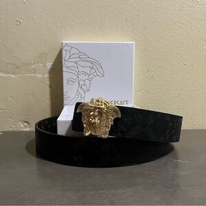 Versace Black Belt with Gold Medusa Buckle